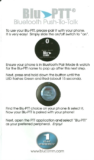 Unity Wireless Bluetooth Push To Talk Button PTT-BLU